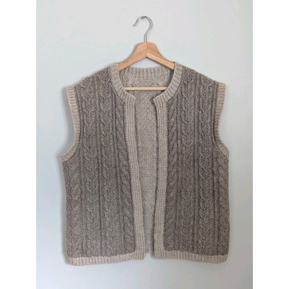 Womens Handknit Merino Wool Sweater Vest Brown Beige Open Handmade Cottage Cabin